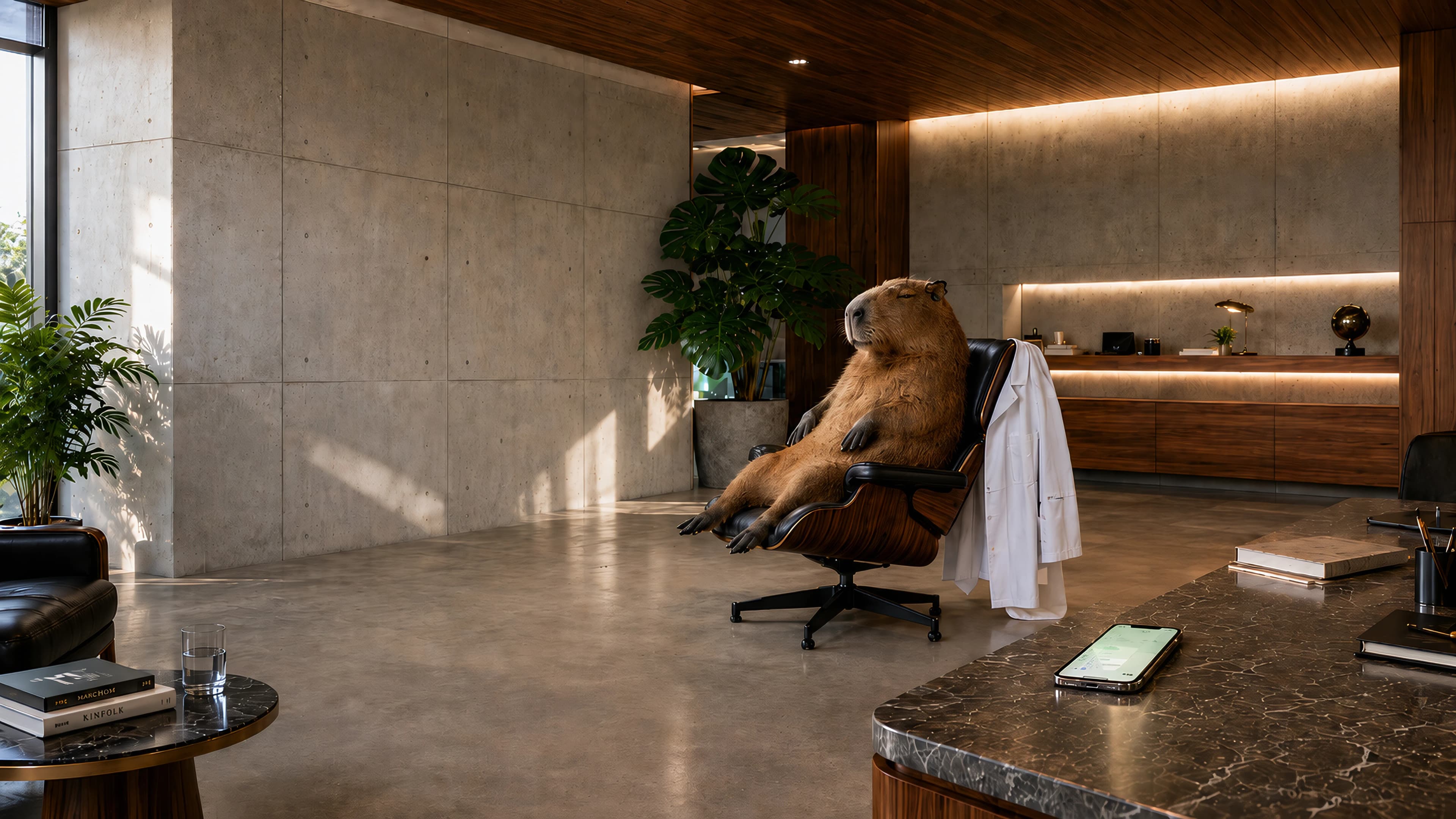 Capivara mascote em ambiente clínico moderno